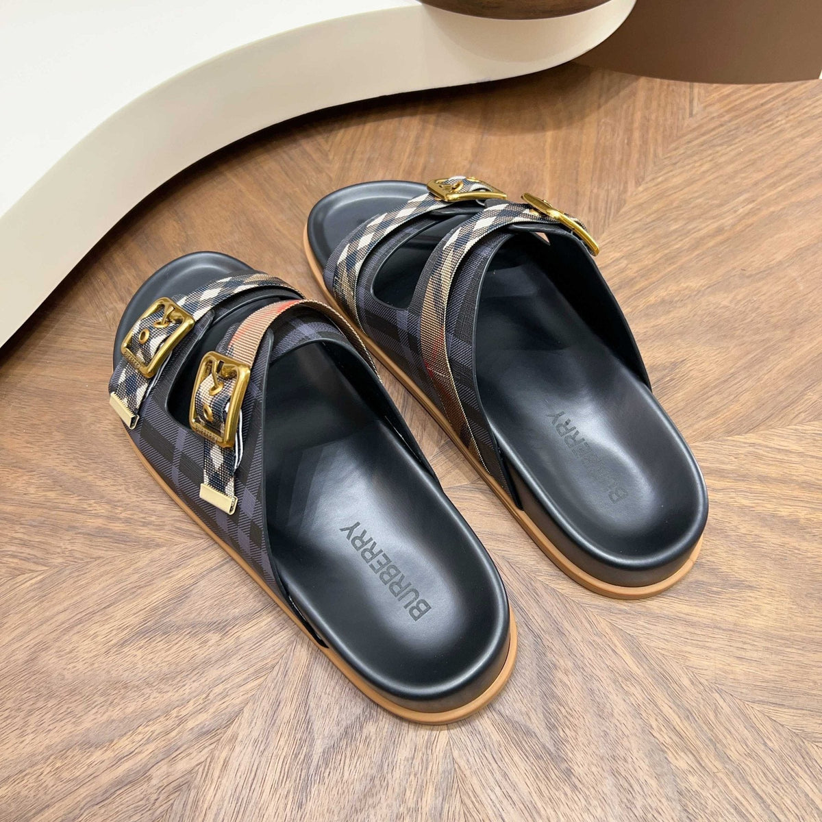 Burberry Black Plaid Two-Strap Slide Sandals